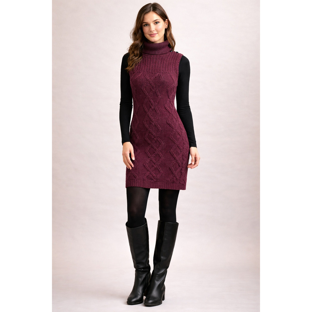 2/$30 JJ Basics Sleeveless Cable Knit Turtleneck Sweater Dress SBurgundy